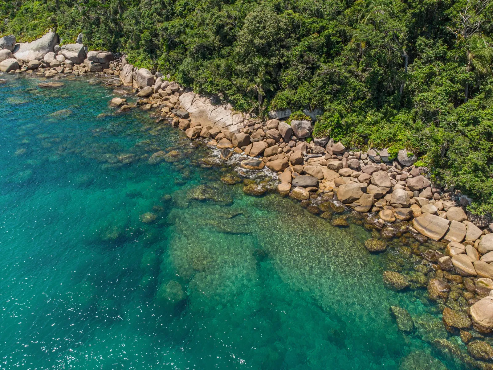Água verde e transparente junto ao costão de pedras da Reserva Biológica Marinha do Arvoredo